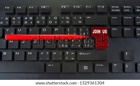 Blank red enter key of computer keyboard. Join us concept