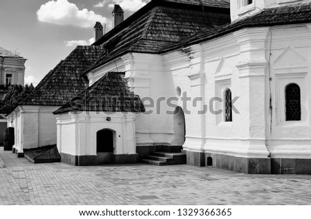Old Kiev: architecture, black and white photo