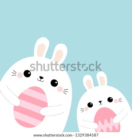 Rabbit bunny friends holding painting egg set. Happy Easter. Cute cartoon kawaii funny baby character. Farm animal. Blue pastel background. Flat design Vector illustration