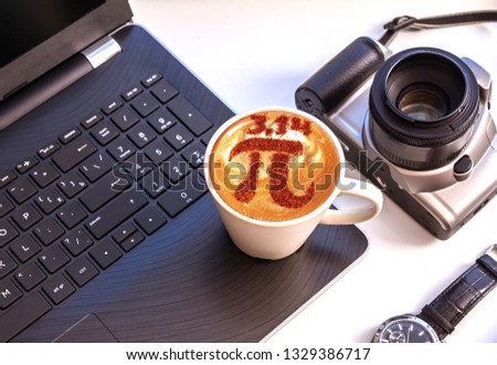 a cup of cappuccino coffee with the image of the symbol number PI