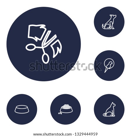 Set of 6 pets icons line style set. Collection of food, sitting, dish and other elements.