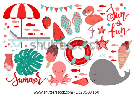 Big summer set of vector clip art. Trendy living coral color scheme. Vacation holiday resort objects. Cocktail, tropical leaf, ice cream. Flip flops, sun and fun lettering. Chaise lounge, sunshade.