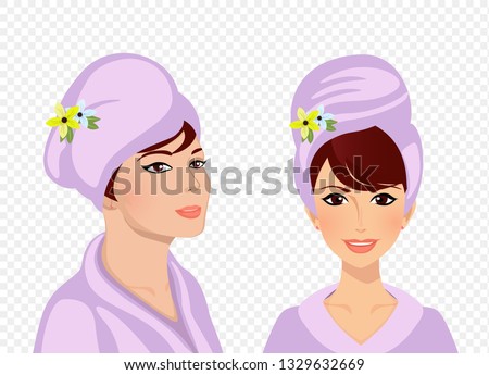 Beauty Spa Face Set, Pretty Woman in Towel and Bathrobe in Profile and Front Position. Character Portrait Girl Shining Purity. Spa Day Cartoon Flat Vector Illustration, Fashion, Style, Beauty Clip Art