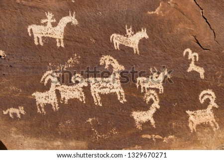 Close up of a Native American petroglyph believe to be Ute in Arches National Park