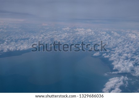 Panorama highland view in the sumatera ocean, day time, in Above Sumatera going to Malaysia. Perfect View with blue ocean passing Batam Island near Malaysia and Singapore.