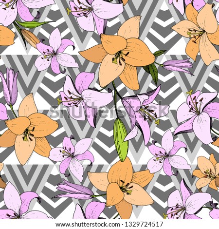 Vector Lily floral botanical flower. Wild spring leaf wildflower isolated. Engraved ink art. Seamless background pattern. Fabric wallpaper print texture.