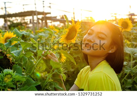 Asian women on the sunflower garden during the summer