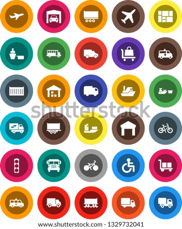 White Solid Icon Set- school bus vector, bike, Railway carriage, plane, traffic light, ship, truck trailer, sea container, delivery, car, port, consolidated cargo, warehouse, disabled, amkbulance