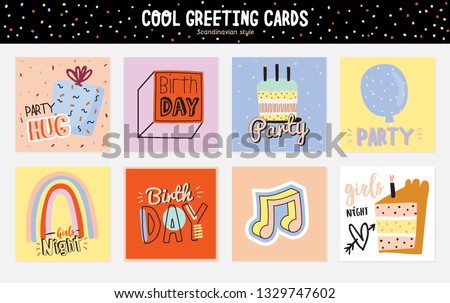 Happy birthday kids poster with cute Holiday Party elements; gift box, ballon, cake, candle, hat. Isolated. White background. Vector. Good for decoration children's party