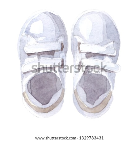 Pair of kid's sporty sneakers. Watercolor illustration on paper for magazines, books, postcards, posters. White leather shoes. Hand drawn art isolated on white background.