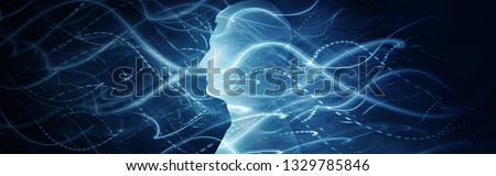Human head and moving lights, speed motion in background. Concept on business, science, technology, education, medicine, religion  etc. Universal idea for your design. Royalty-Free Stock Photo #1329785846