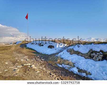Beautiful landscape of Van Castle covered with snow in winter time, Van, Turkey
