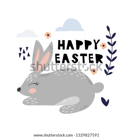 Cute cartoon rabbit. Rabbit character vector print for  cards, posters, cards, t-shirts, book, textile. Rabbit and flowers vector illustration.
