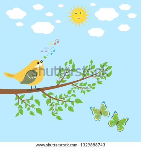 The bird is singing on the branch of a tree, the sun is laughing between the white clouds, two butterflies are fluttering in the blue sky.
