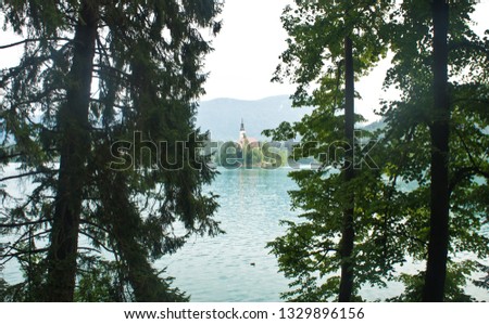 Beautiful view over Lake Bled, Julian Alps and church on the island between trees, sunny day, Bled, Slovenia