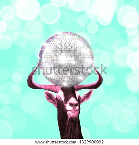 Contemporary art collage, goat holds disco ball on the horns
