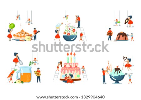 Set of oversize dish and tiny people characters family on cooking master class concept. Rastered copy