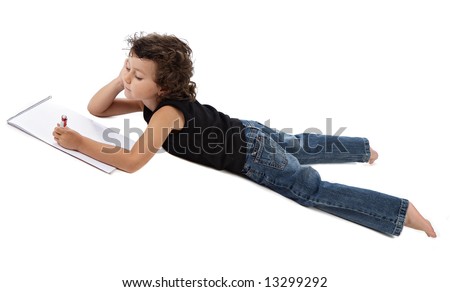 Small boy write in clipboard over white background