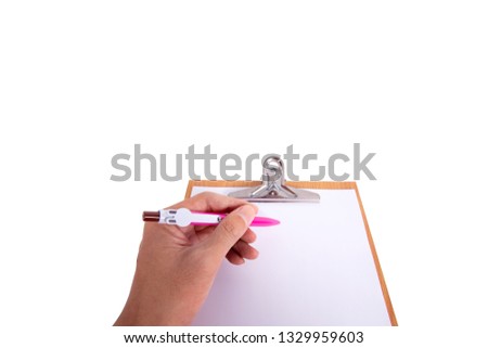 ็Hand holding a pen with Paper clip isolated on white background.