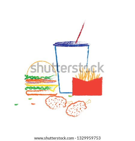 Vector food image Draw from the computer, draw without skating on paper first, burger food, french fries, fried chicken, drinking water-vector