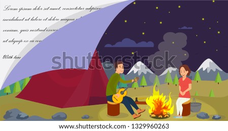 Vector Flat Banner Young Family Went Camping. Husband Plays Guitar Near Fire Chops Wood Wife Prepares Dinner Sitting on Stump Near Tent. Active Lifestyle Family Holidays in Mountains on Background.