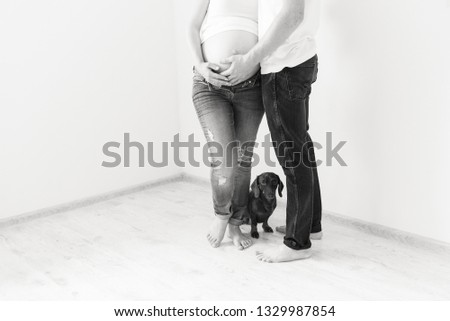 The dog breed dachshund lies at the feet of a man and a pregnant woman.