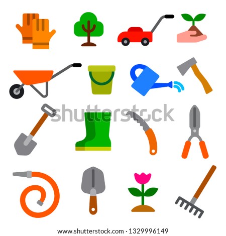 illustration of garden tools and equipment flatl style icon set