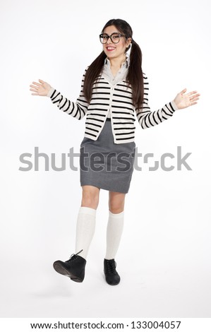 Young nerd woman funny position on white background