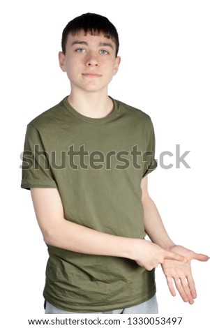 Caucasian teenage boy doing British Sign Language showing the symbol for L