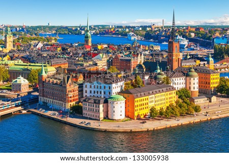 Scenic summer aerial panorama of the Old Town (Gamla Stan) in Stockholm, Sweden Royalty-Free Stock Photo #133005938