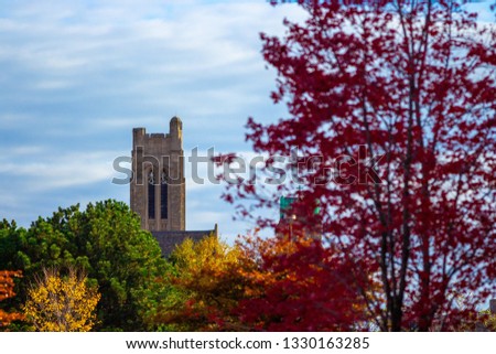 Fall colors with old buildings in skyline