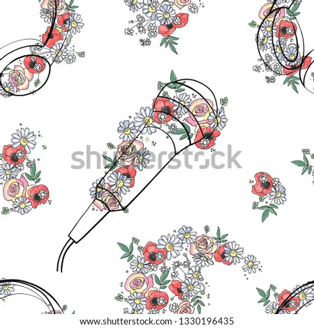 Vector seamless pattern, graphic illustration of headphones, music notes with flowers, leaves, branch Sketch drawing, doodle style. Artistic abstract, watercolor silhouette wirh rose, poppy, leaf.