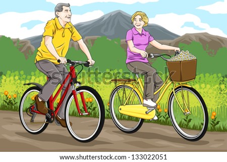 A vector illustration of happy senior couple biking together in the park