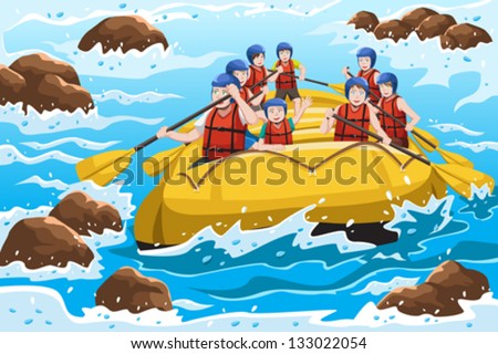 A vector illustration of a group of happy people rafting on river
