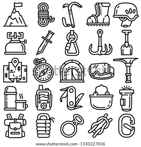 Mountaineering equipment icons set. Outline set of mountaineering equipment vector icons for web design isolated on white background