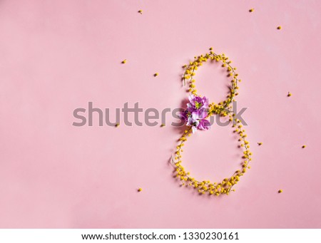 8 march banner on pink background with copyspace. Beautiful yellow mimosa flowers card. Internatoinal woman day concept
