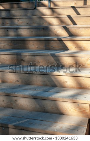 The shadow of the railing on the wooden steps. Tree structure. The play of light and shadow.