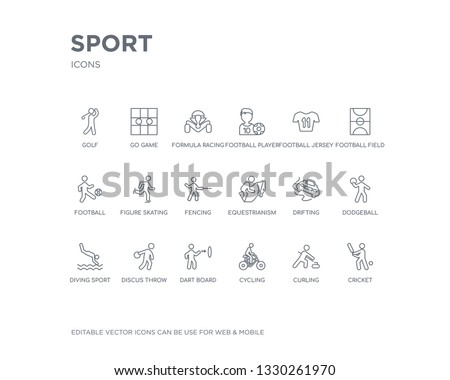 simple set of sport vector line icons. contains such icons as cricket, curling, cycling, dart board, discus throw, diving sport, dodgeball, drifting, equestrianism and more. editable pixel perfect.