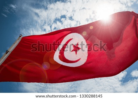 Tunisian flag waving in the wind with lens flare in Monastir, Tunisia