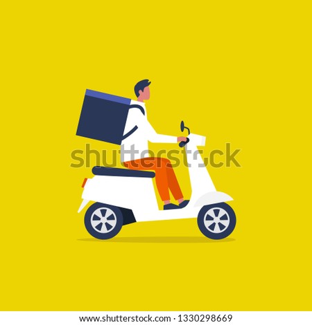 Food delivery service. Young male courier with a large backpack riding a motor bike. Flat editable vector illustration, clip art