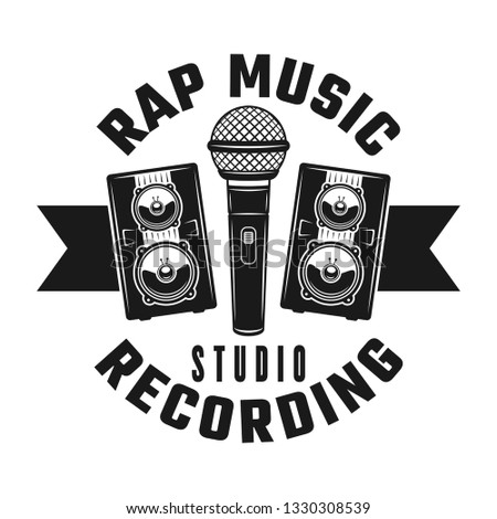 Microphone and two speakers vector rap music emblem, badge, label or logo in vintage monochrome style isolated on white background
