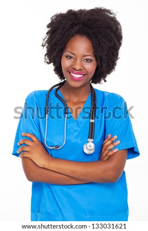 portrait of afro american female nurse on white background