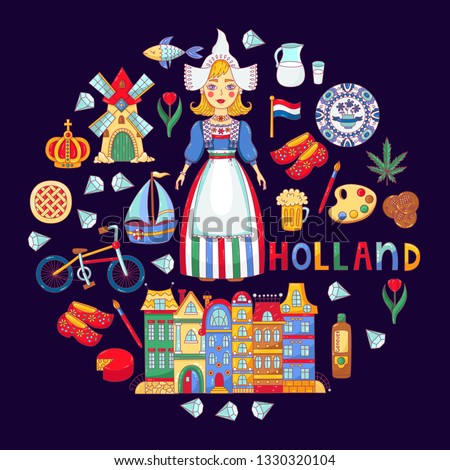 Holland Netherlands doodle cartoon icons vector set national symbols