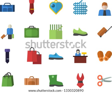 Color flat icon set gumboots flat vector, fabric manufacture, person, bags, tie, sneakers, swimsuit, sport bag, luggage fector, suitcase, reception desk, slippers, heart pendant, scissors