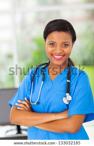 portrait of beautiful afro american female medical intern in modern office