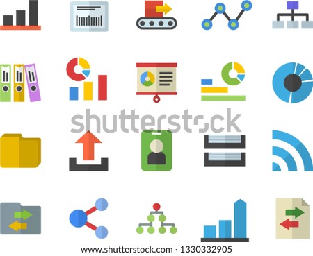 Color flat icon set conveyor flat vector, chart, statistics, scatter, barcode, clircle diagram, computer file, folder, paper tray, classification, pass fector, share, broadcast, upload, sharing
