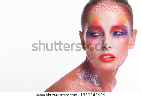 Beauty salon advertising banner. Portrait of woman with creative artistic make-up, white background, empty space