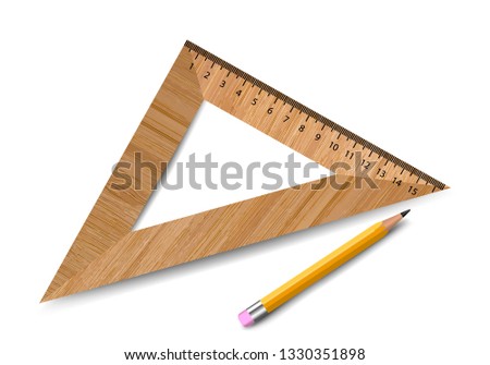 Triangular wooden ruler and pencil with shadow on white background, stationery, vector illustration.
