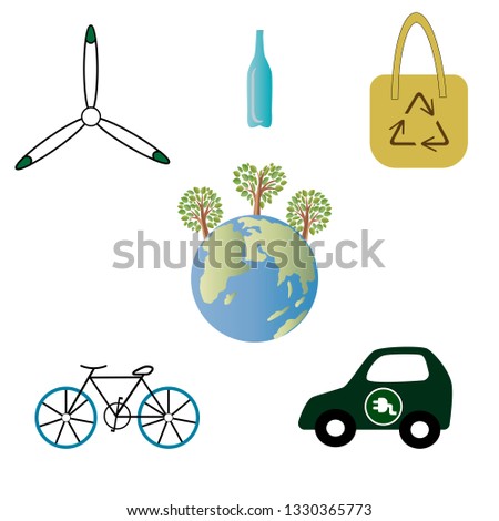 Vector illustration set of icons on an ecological theme. Take care of the planet, without plastic, environmental transport. Bicycle Electric