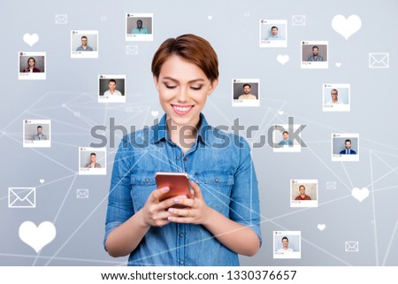 Close up photo interested curious she her lady telephone share got sms lover repost follow modern website illustration pictures guys dating site creative design isolated grey background